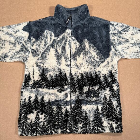 Vintage Black Mountain AOP Outdoor Fleece Jacket Mountain Cabin Scene Small - Picture 3 of 8